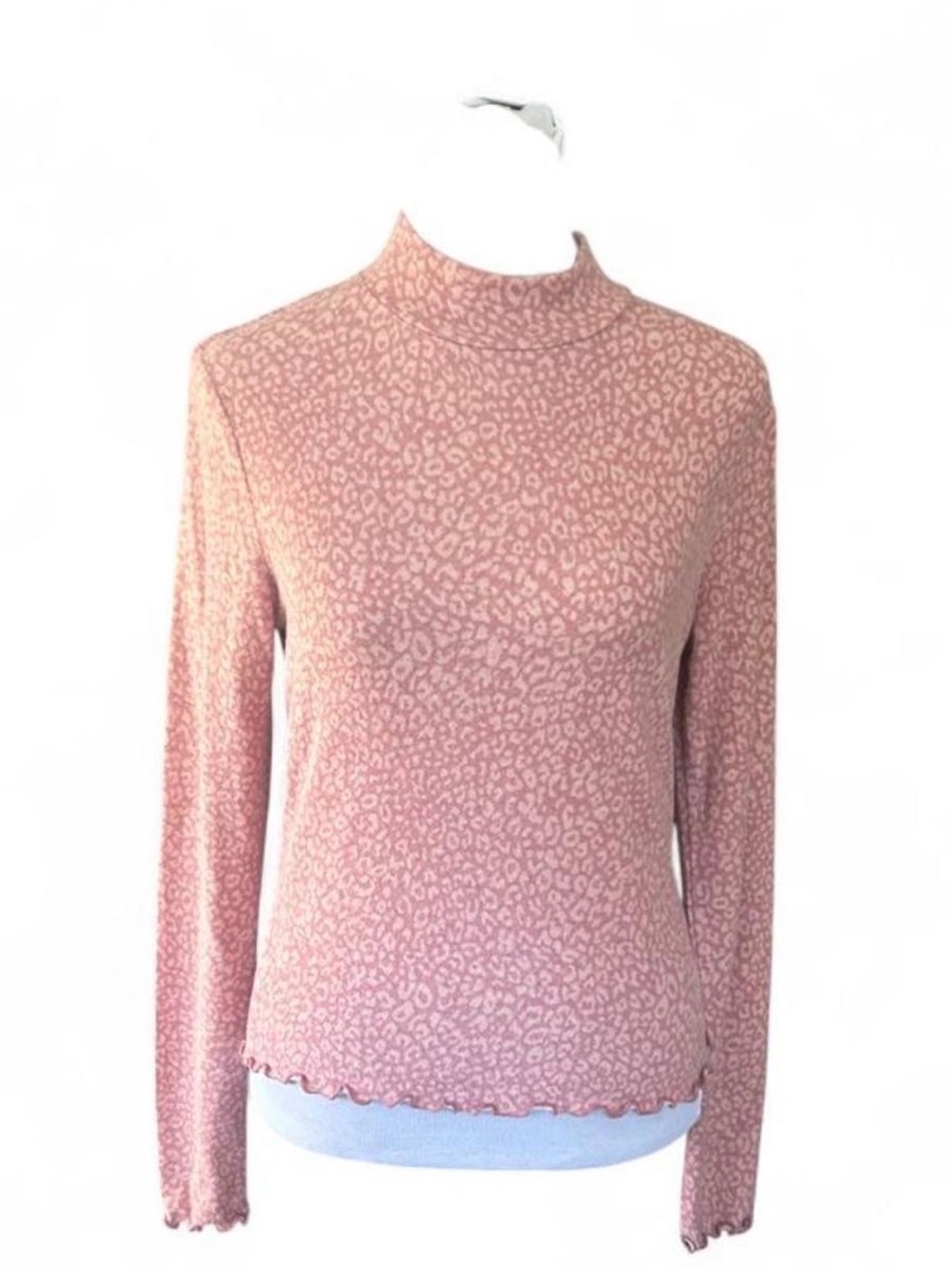 Pink leopard print long sleeve top with ruffle hem, size M